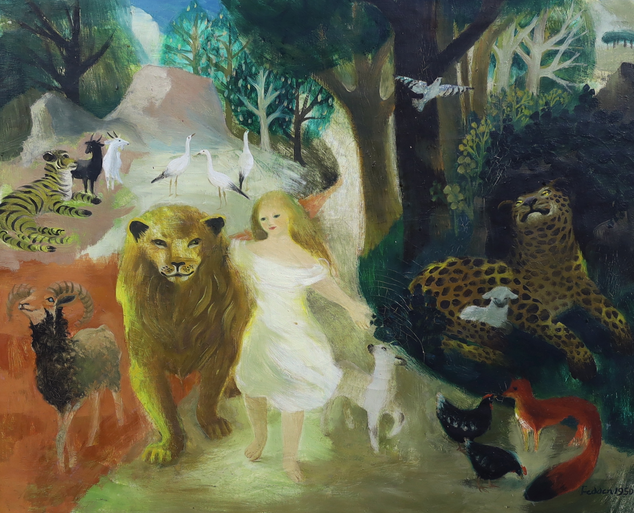 Mary Fedden OBE R.A. PPRWA (1915-2012), 'The Lion and the lamb', oil on canvas, 62 x 74cm